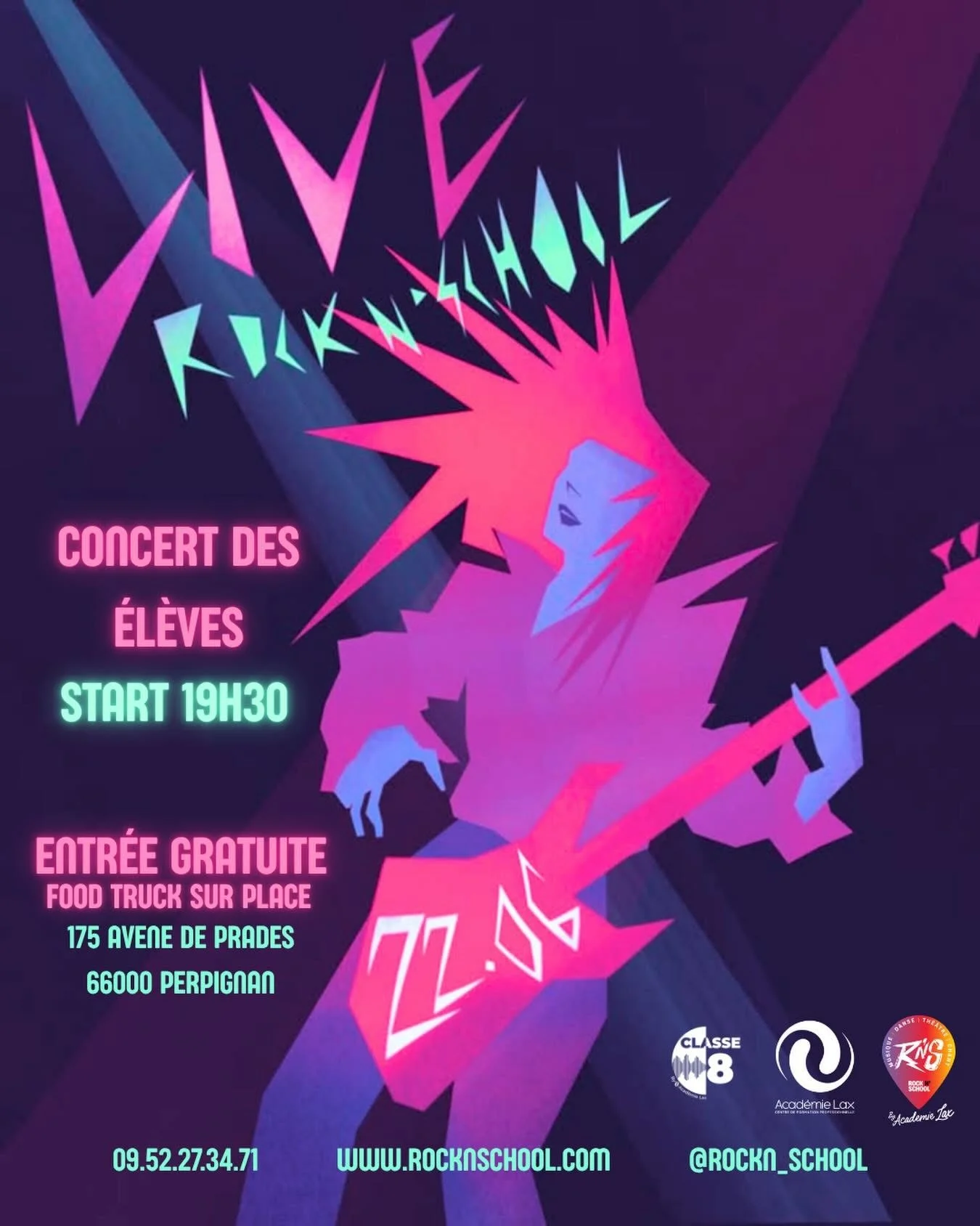 Affiche illustrée du Live Rock n’ School, concert des élèves, entrée gratuite