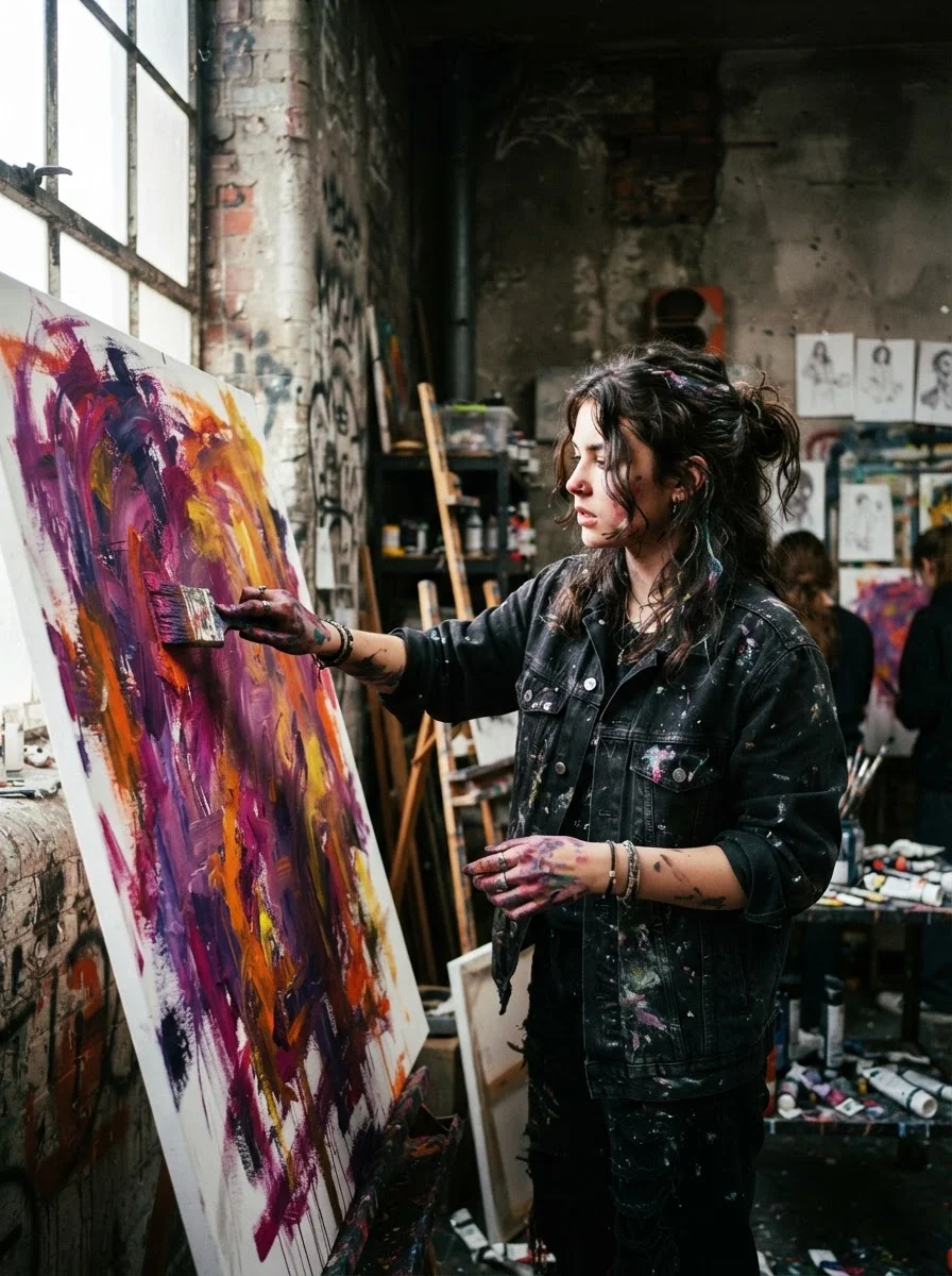 Élève devant une grande toile colorée dans un atelier