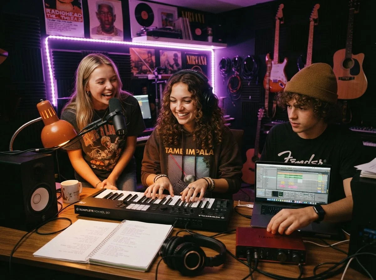 Adolescents composant de la musique autour d'un clavier