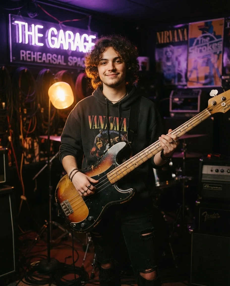 Élève musicien avec sa basse dans une salle de répétition