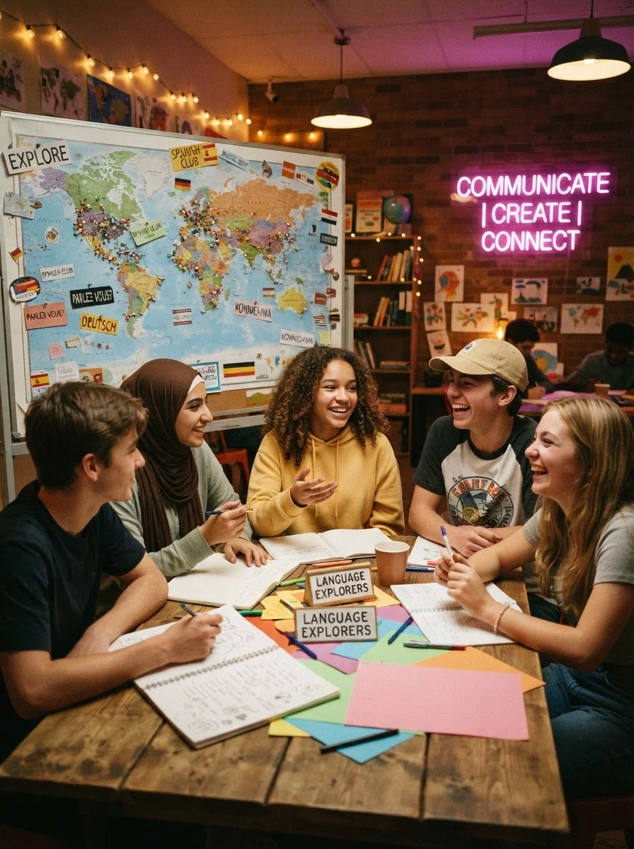 Adolescents échangeant autour d'une table lors d'un cours de langues