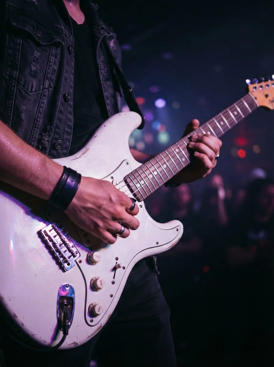 Mains d'un adolescent jouant sur une guitare électrique blanche