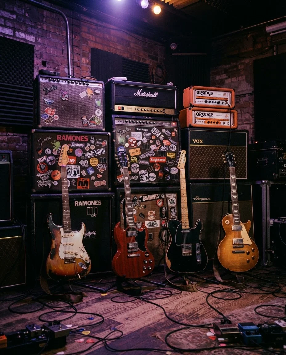 Guitares électriques et amplificateurs dans une salle de répétition