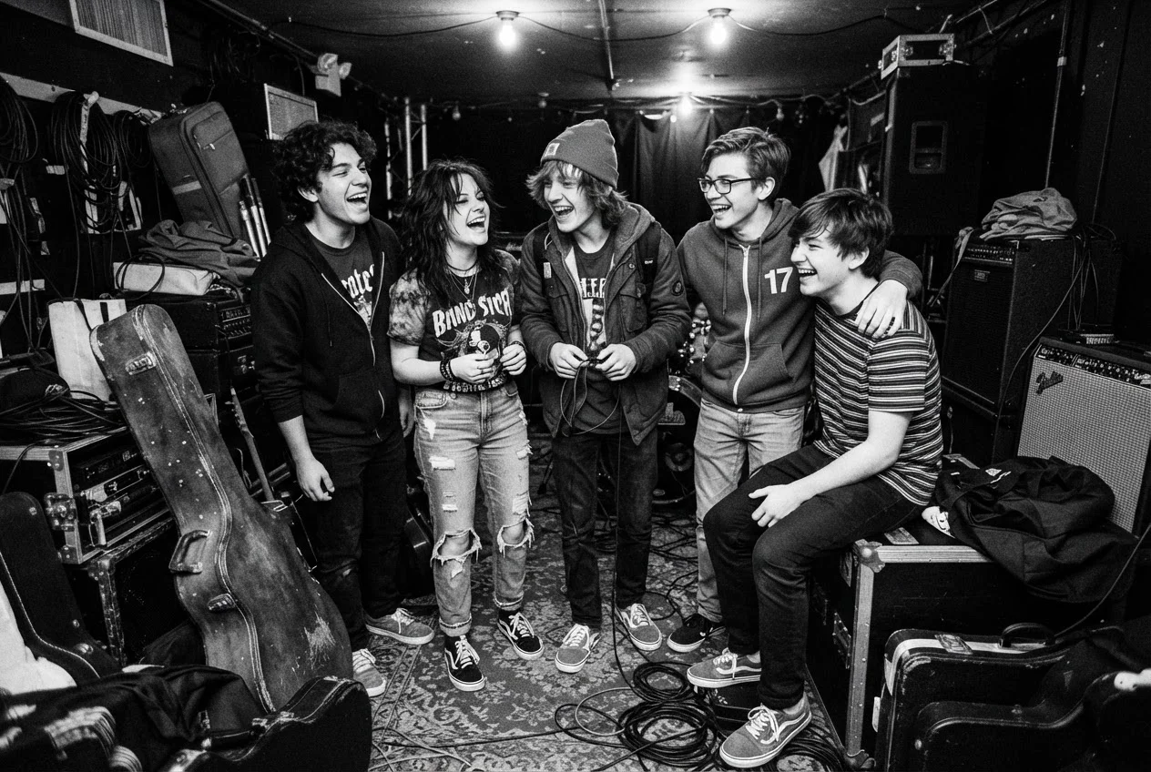 Groupe d'adolescents riant en coulisses avec leurs étuis de guitare