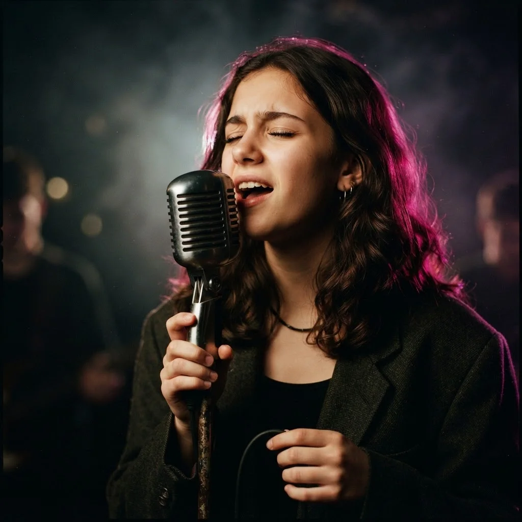 Jeune chanteuse les yeux fermés devant un micro