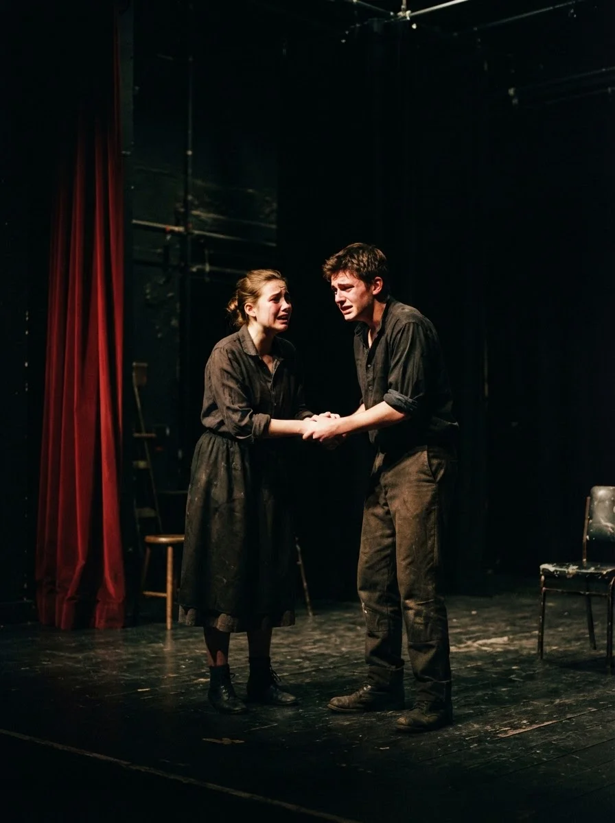 Élèves jouant une scène de théâtre sous un projecteur